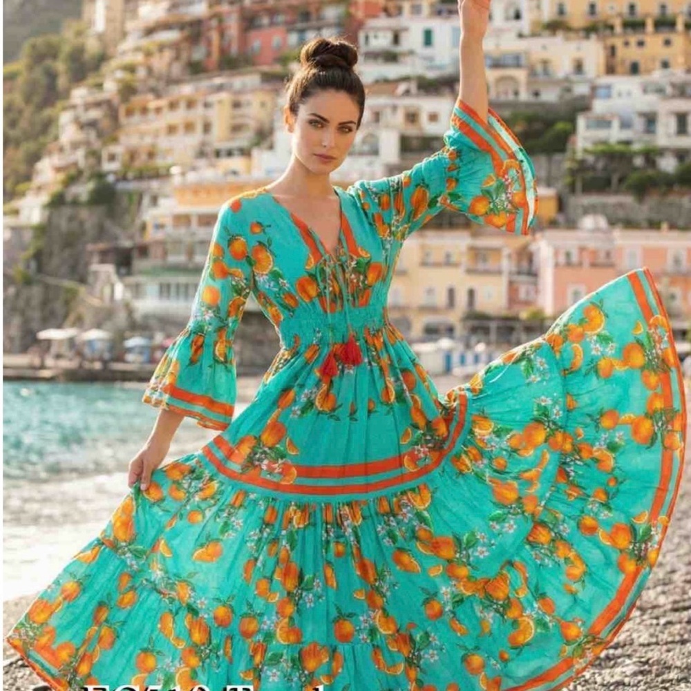 JUST LANDED ANTICA SARTORIA 2026 Vibrant Turquoise and Orange Long Sleeve Dress